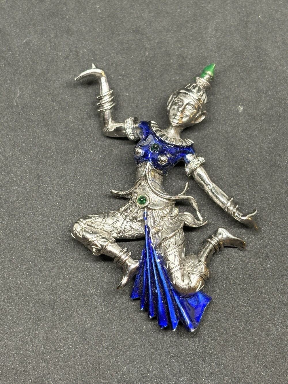 Vintage Rare Siam Dancer Enamel Brooch HATTIE CARNEGIE Signed Silver Tone Pin